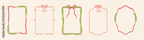 Hand-drawn Christmas decorative frames set with fir tree branches,bows,ribbon,whimsical lines, bells in a vintage doodle style for invitation cards, posters, placards.New Year holiday frame vector set