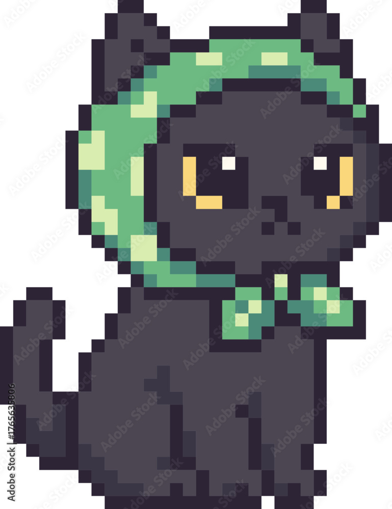 Fototapeta premium pixel illustration of a cute black cat wearing a green scarf with polka dots, sitting pose, retro style, transparent background