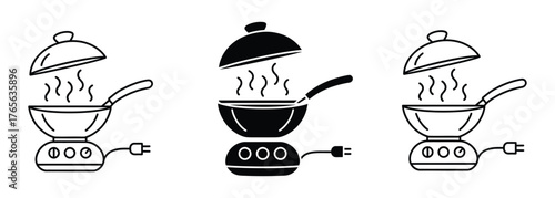 Steaming wok icon set with plug, representing hot cooking and culinary preparation for diverse cuisines and modern kitchen appliances.