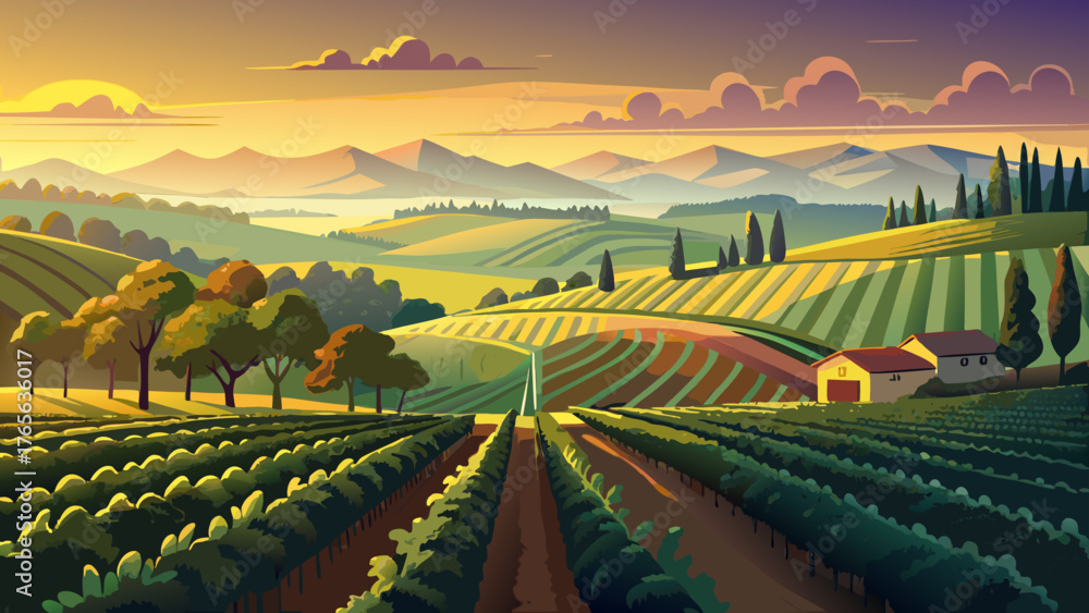 Naklejka premium Very beautiful sunrise view of vineyards in California, USA, with rows of lush green grapevines stretching across rolling hills, bathed in warm golden light, and morning mist gently rising over the 