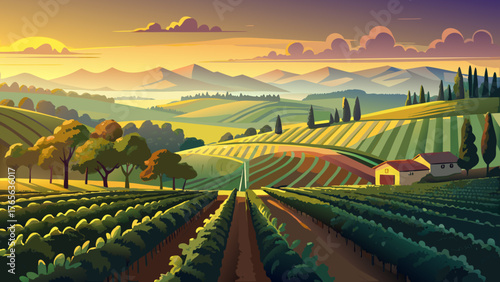 Very beautiful sunrise view of vineyards in California, USA, with rows of lush green grapevines stretching across rolling hills, bathed in warm golden light, and morning mist gently rising over the 