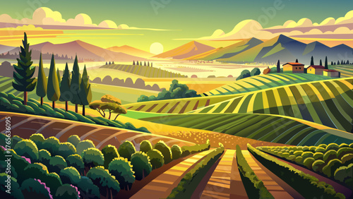 Very beautiful sunrise view of vineyards in California, USA, with rows of lush green grapevines stretching across rolling hills, bathed in warm golden light, and morning mist gently rising over the 