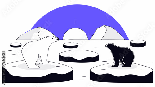 An illustration of a peaceful polar region showing glaciers polar bears and seals with a rising sun and floating ice highlighting the effects of climate change and the need for