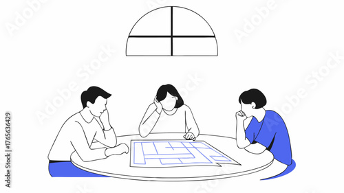 A small group of residents brainstorming around a round table covered in maps and planning documents engaged in thoughtful dialogue with a large window letting in natural light