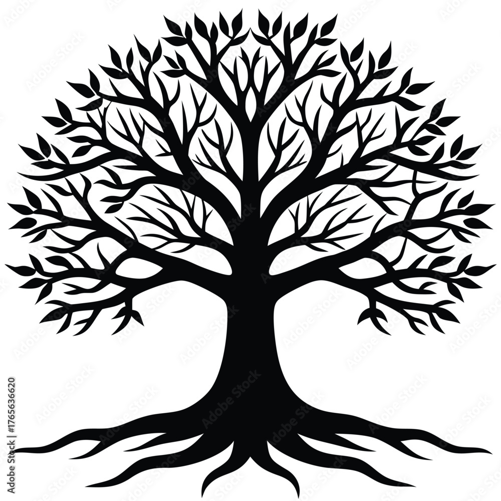 Obraz premium Oak Tree Silhouette Vector Black Nature Logo and Abstract Tree Emblem for Eco Branding
