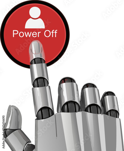 The threat of automation. A robotic hand presses the red Power Off button with a human symbol, reflecting layoffs, AI replacements, automation, and the "shadow of the departing employee."
