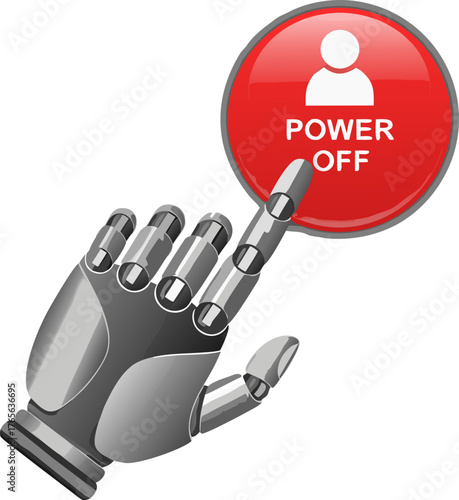 The threat of automation. A robotic hand presses the red Power Off button with a human symbol, reflecting layoffs, AI replacements, automation, and the "shadow of the departing employee."