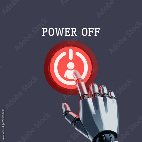 The threat of automation. A robotic hand presses the red Power Off button with a human symbol, reflecting layoffs, AI replacements, automation, and the "shadow of the departing employee."