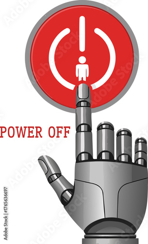 The threat of automation. A robotic hand presses the red Power Off button with a human symbol, reflecting layoffs, AI replacements, automation, and the "shadow of the departing employee."