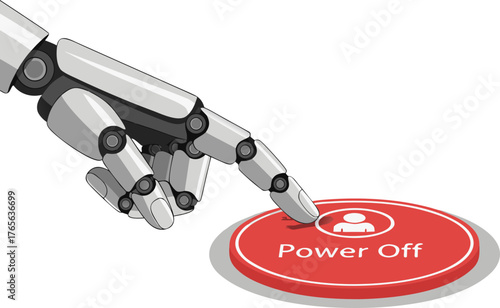 The threat of automation. A robotic hand presses the red Power Off button with a human symbol, reflecting layoffs, AI replacements, automation, and the "shadow of the departing employee."