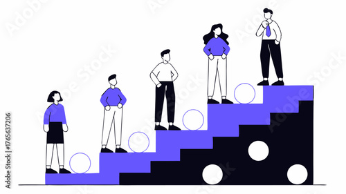 A group of diverse individuals standing on a staircase formed by coins each step representing a milestone in an entrepreneurial journey towards economic success.