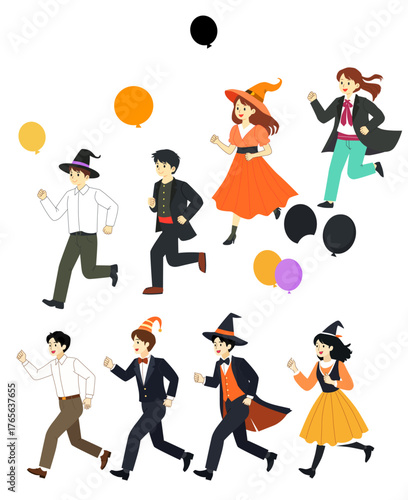 魔女帽と風船、ハロウィンへ向かう仲間たち Witch Hats and Balloons – Friends Heading to Halloween Fun