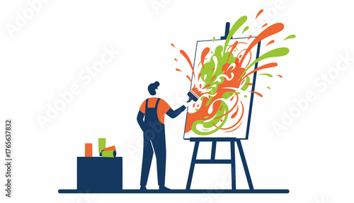 Male artist creating a vibrant abstract painting with splashes of orange and green color on an easel, symbolizing creativity, inspiration, and artistic expression, with a transparent background