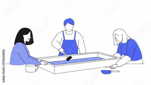 A workshop setting with community members working together to build raised garden beds with smiles of cooperation and a plethora of gardening tools tered around.