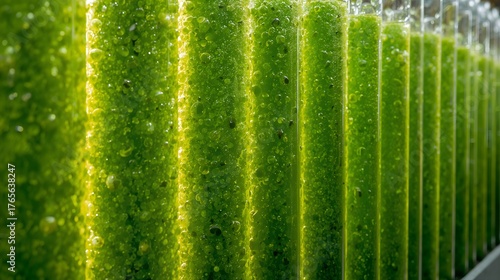 Lush green algae in laboratory test tubes, showcasing a display of verdant growth 