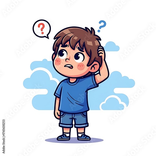 Confused Boy Cartoon Character with Question Marks and Clouds.