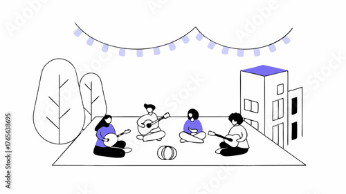 Music Jam Session Neighbors are seated in a semicircle on a sunny patio playing various musical instruments and singing together creating an inspiring blend of sounds that fills