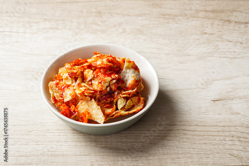 Emping Balado, Spicy Snacks from West Sumatra. Made from melinjo crackers, it's crunchy and sweet and spicy.