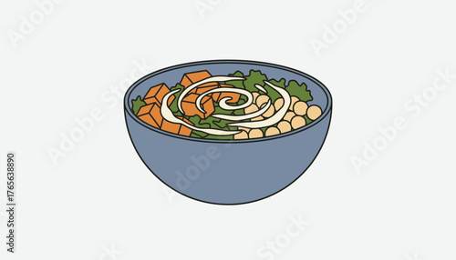 Buddha bowl featuring a blend of sweet potato, chickpeas, kale, and salad greens, topped with a creamy dressing, representing healthy eating and vegan concepts. Transparent background