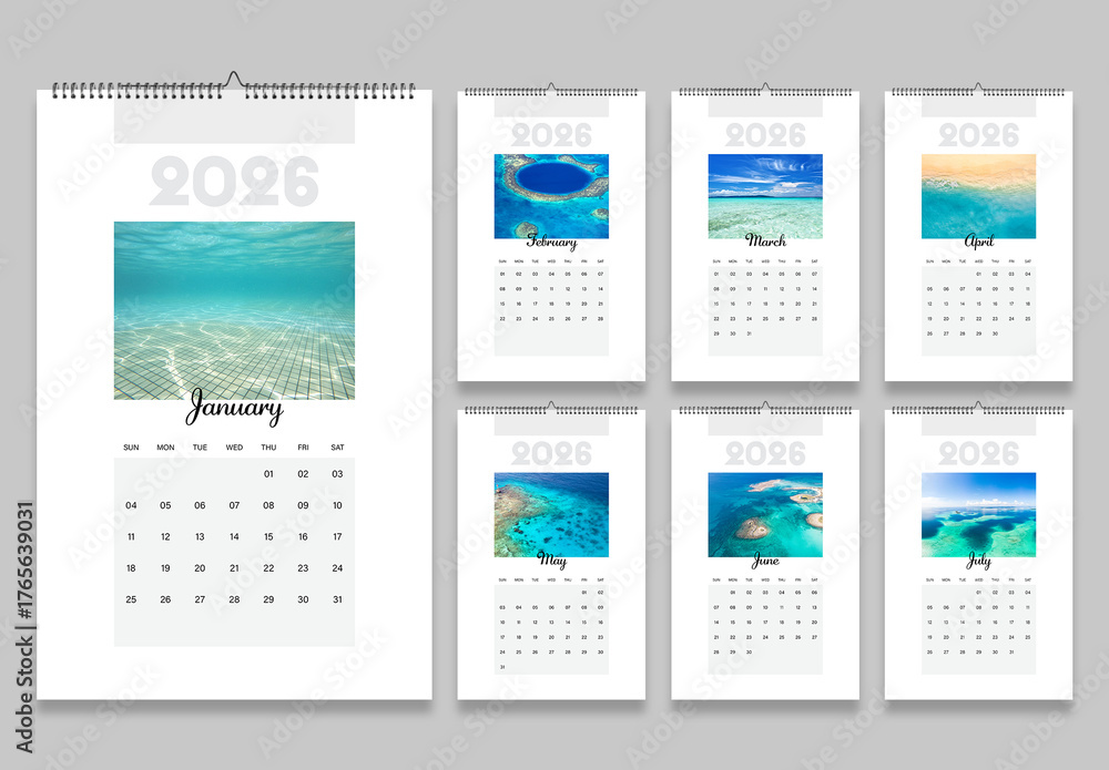 Minimal Wall Calendar 2026 Template with Tropical Ocean Photo Layout ...