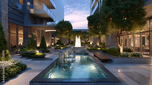 Modern urban courtyard with fountain and lush greenery, luxury apartment landscape design at dusk, elegant water feature surrounded by trees and architecture for relaxation.