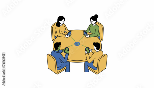 Group of diverse people sitting around a table using smartphones, forming a connected network, illustrating communication, sharing, and data exchange with a transparent background