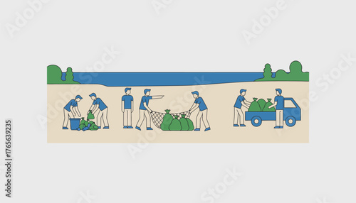 Volunteers load full bags of collected trash onto a truck during a beach cleanup, working together to remove plastic and waste to protect the coastline and marine life