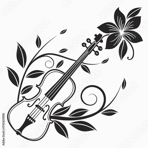 Elegant violin illustration intertwined with floral elements creating harmonious design
