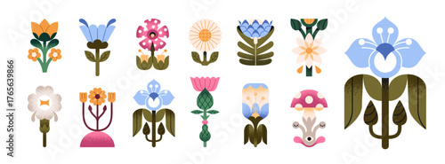 Set of different abstract flowers with symmetrical shape. Various wildflower, geometric blooming meadow plants with leaves. Floral decoration. Flat isolated vector illustrations on white background