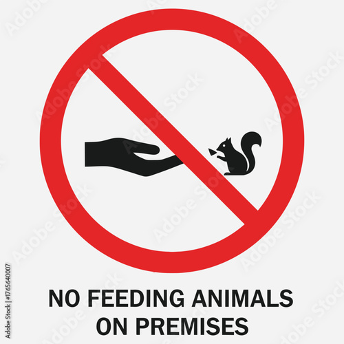 A vector graphic sign illustrating the prohibition of feeding wild animals like squirrels, serving as a warning notice for public or private premises