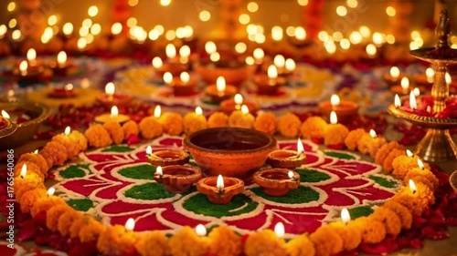 An intricate and colorful rangoli pattern made of colored powders and marigold flowers, illuminated by numerous diyas oil lamps during diwali