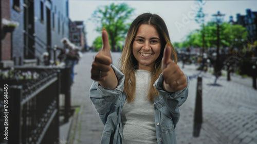 Wallpaper Mural Young hispanic woman showing thumbs up and smiling on cobblestone city street with blurred buildings and trees; happiness confidence optimism. Torontodigital.ca