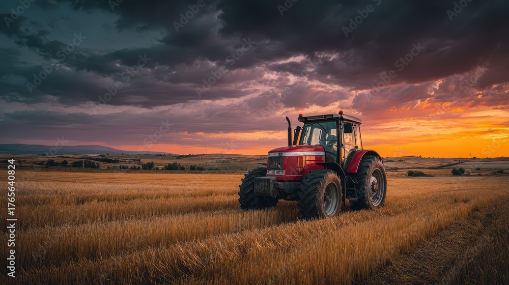 Obraz premium Red tractor in wheat field under dramatic sunset sky