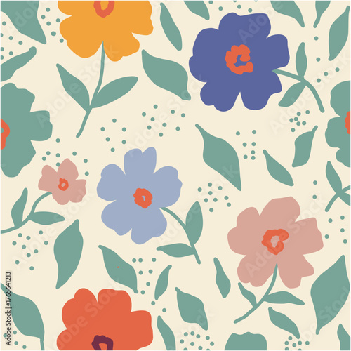 Vibrant and cheerful floral pattern with bold red blue pink and purple flowers and green leaves.