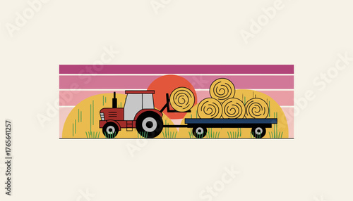 Tractor lifting round hay bales onto a trailer at sunset on a rural farm, golden light over harvested fields capturing the harvest season and rustic agricultural machinery and landscape