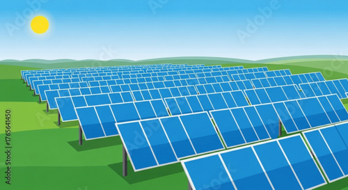 Illustration of a solar panel farm under a bright sun and blue sky generating clean renewable energy created with generated ai