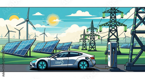 Illustration of an electric car charging in a landscape with solar panels and wind turbines seen created with generated ai