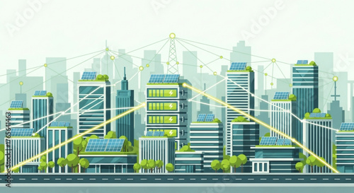 Illustration of a cityscape with buildings using solar panels and network connections displayed created with generated ai