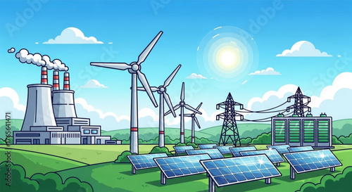 Illustration of a power plant with wind turbines and solar panels under a blue sky with clouds created with generated ai