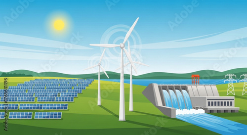 Illustration of renewable energy sources featuring solar panels wind turbines and a hydroelectric dam created with generated ai
