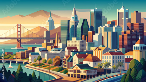 Very beautiful view of the downtown district of San Francisco, California, USA, showcasing a dense cluster of modern skyscrapers, historic buildings, and bustling streets under bright daylight, captur