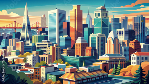 Very beautiful view of the downtown district of San Francisco, California, USA, showcasing a dense cluster of modern skyscrapers, historic buildings, and bustling streets under bright daylight, captur