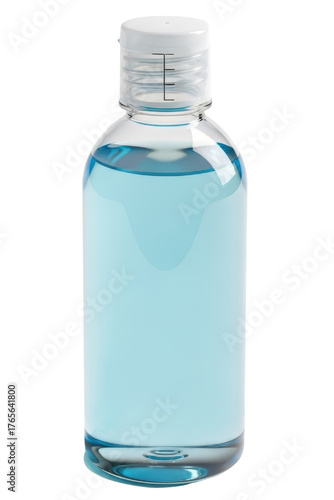 Generic transparent bottle with blue liquid and a simple screw cap on a transparent background