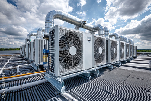 A large white commercial air conditioning system is installed on the roof of a building
