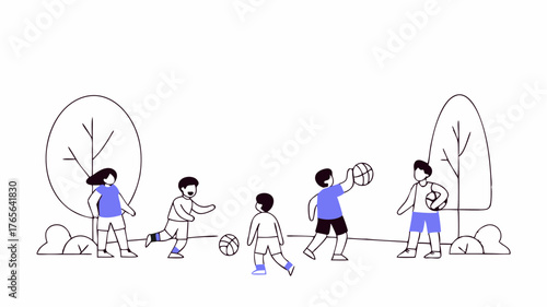 An outdoor scene depicting kids playing sports with some engaging in soccer others practicing basketball and a coach encouraging teamwork and sportsmanship.