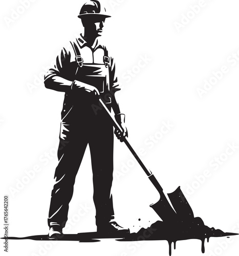 Monochromatic worker illustration digging with shovel, ready for