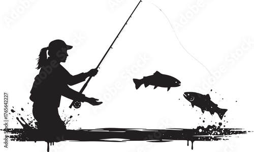 Dynamic silhouette illustration of a woman fly fishing in a grap