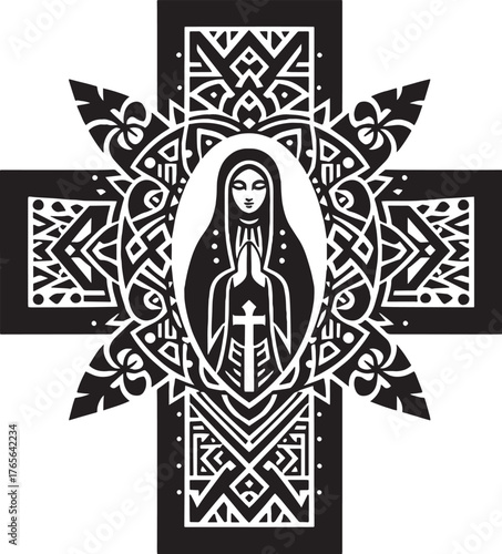 Intricate Black and White Religious Illustration Featuring a Vir