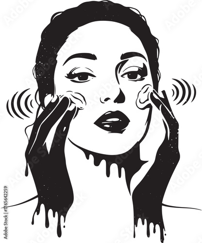 Monochrome depiction of skincare routine with a woman applying p