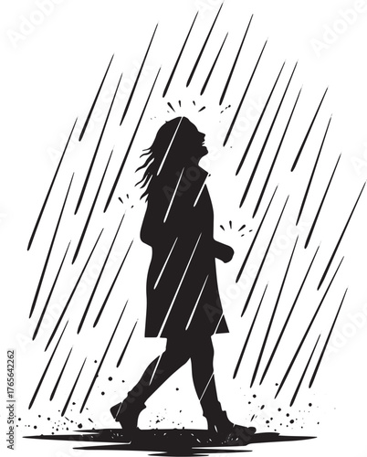 Silhouette of woman enjoying a rain shower, black and white arti